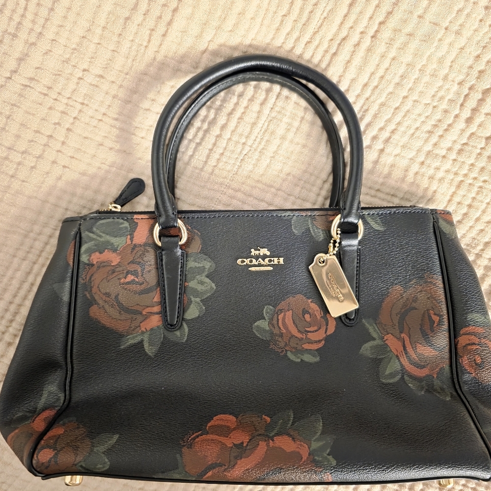 Coach Mini Surrey Carryall Black and Red Floral Satchel
